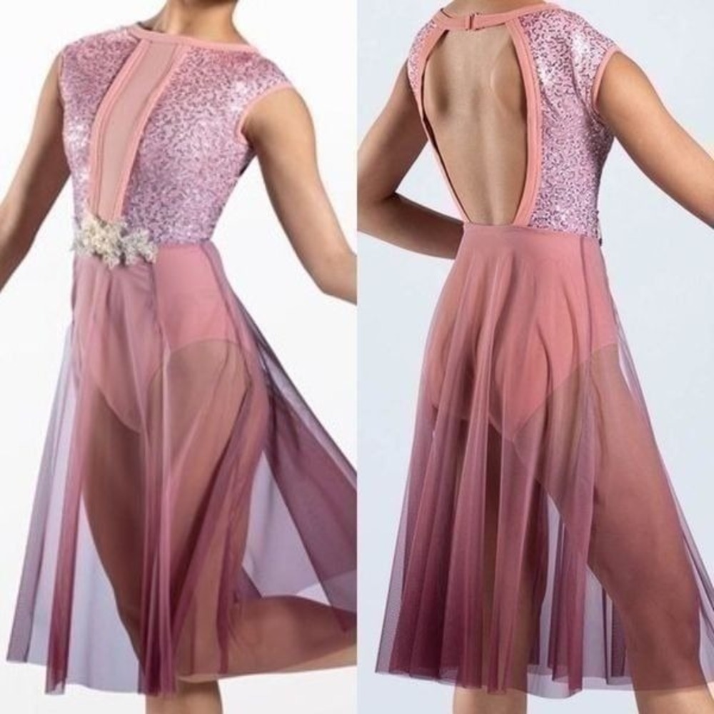 Weissman Pink Sequin Lyrical Dance Costume Ombre Mesh Open Back Large Adult - Picture 1 of 13